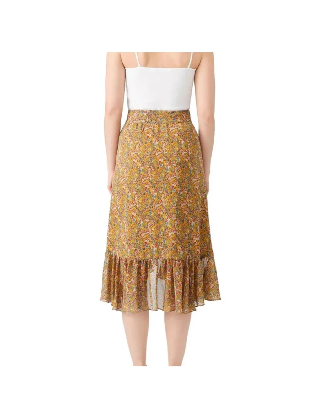 Rebecca Minkoff Yellow Paisley Selena Midi Skirt with Ruffle Hem & Tie Waist - M